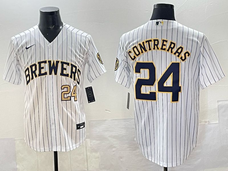Men Milwaukee Brewers #24 Contreras White Stripe Nike MLB 2025 Jersey 03->milwaukee brewers->MLB Jersey